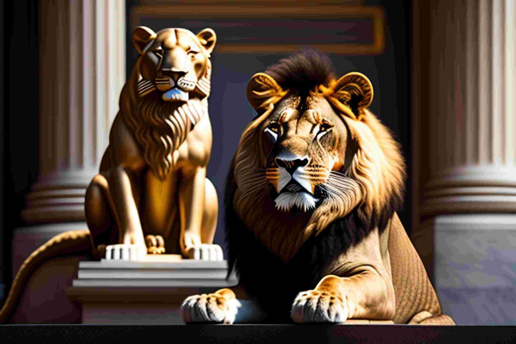 Steve vai sitting next to a friendly lion inside Attitude and Belief the king of jungle