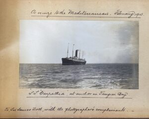 Just noticed this in a Grand Tour album of photographs at a book fair, a photograph of the Steamship “Carpathia” at anchor in the Bay of Tangier in 1910