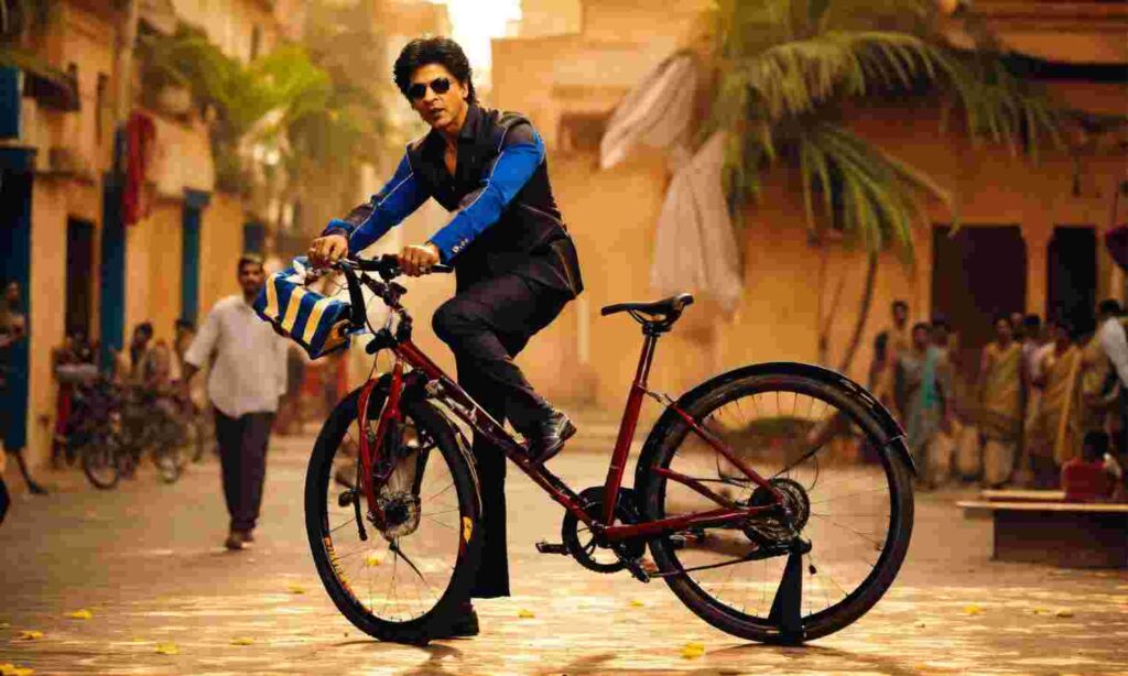 the world should ride a bicycle Shah Rukh Khan in saree holding a cycle.
