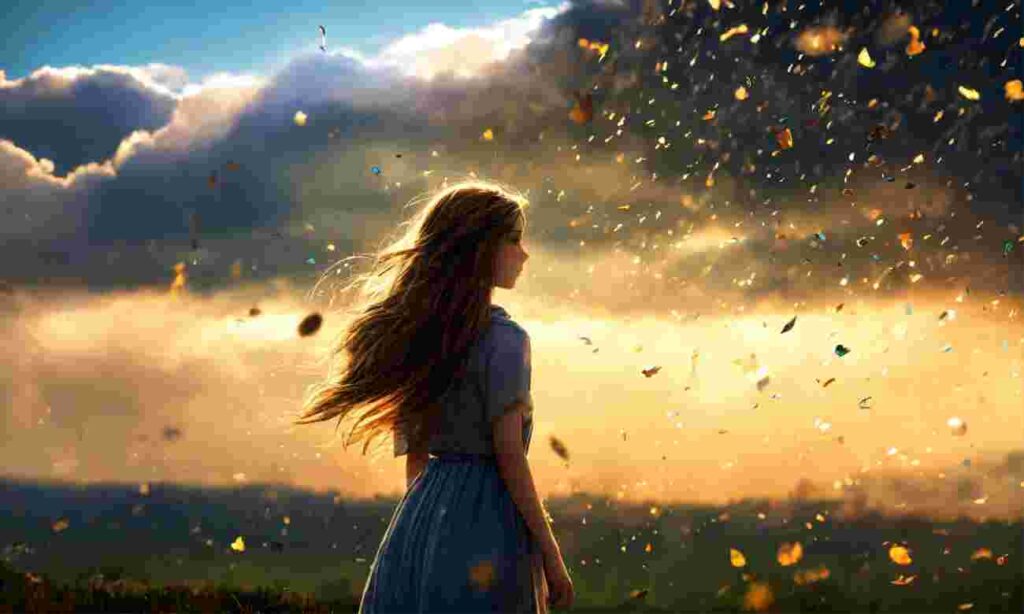 A sad girl stands against a stormy sky never give up