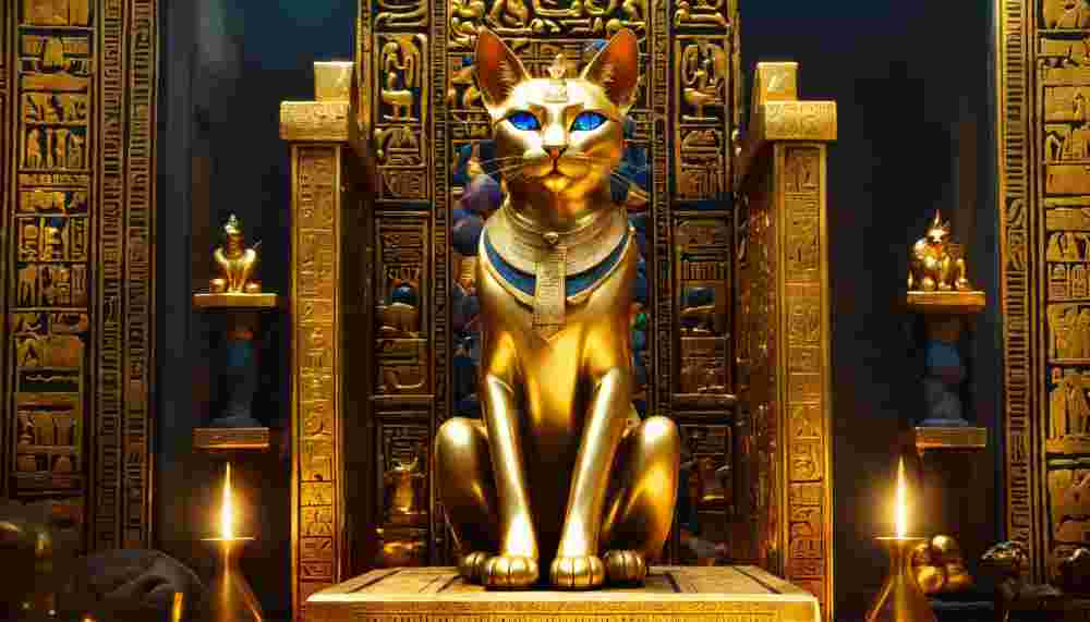 An Egyptian cat king sitting on a throne of gems a The Mysteries