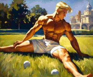 a blonde muscled male sportsman with white shorts Kegel exercise and its benefits.