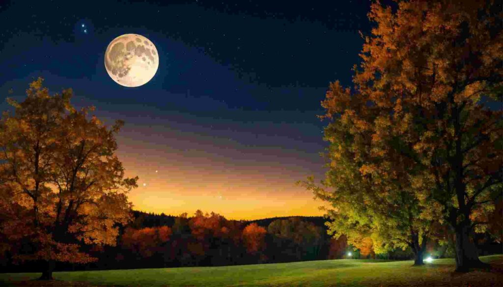 fall landscape night trees stars moon.